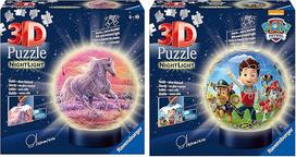 Ravensburger 3D dėlionė 11843, naktinės šviesos dėlionės kamuolys "Žirgai paplūdimyje", 72 dalys - nuo 6 metų & 3D dėlionė 11842, naktinės šviesos dėlionės kamuolys "Paw Patrol", 72 dalys, nuo 6 metų