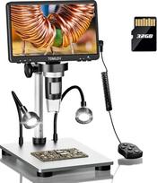 TOMLOV DM9 7 colių LCD 1200X skaitmeninis mikroskopas, 1080P HD vaizdo mikroskopas su metaliniu stovu, 12 MP itin tikslaus fokusavimo, LED ryškiai šviečiantys žibintai, suderinamas su PC View/Windows/Mac OS (32GB kortelė)