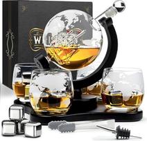 WHISISKEY viskio karafos rinkinys - viskio dovanų rinkinys - dovanos vyrams - dovanos vyrams - gimtadienio dovana vyrui - dekanteris "Globe Decanter" 900 ml, dovanų dėžutė, 4 viskio taurės, 4 viskio akmenys
