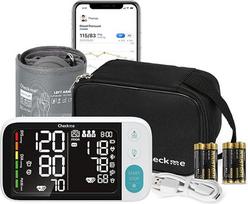 "CheckMe" kraujospūdžio matuoklis viršutinei rankos daliai "Bluetooth", taip pat nėščiosioms ir diabetikams, skaitmeninis kraujospūdžio matuoklis viršutinei rankos daliai, aritmijos aptikimas ir pulso matavimas, "iOS" / "Android" programėlė, manžetė