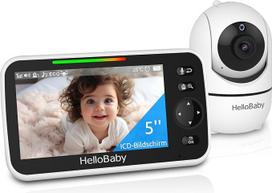 "HelloBaby" kūdikių monitorius su kamera, 30 valandų veikianti baterija, 5 colių ekranas, 355° pasukimo kampas, 120° pakreipimo kampas, kūdikių monitorius be "WiFi", dvipusis garsas, temperatūra, 8 lopšinės, naktinis matymas ir 305 m atstumas