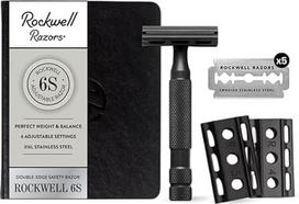 "Rockwell Razors 6S" reguliuojamas nerūdijančio plieno skustuvas su dvigubais kraštais + 5 švediški nerūdijančio plieno skustuvo ašmenys (juodi)