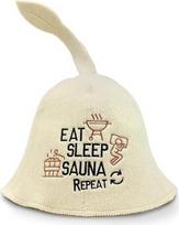 "Sauna Guru" pirties kepurė "Eat, Sleep, Sauna, Repeat" White - 100% organinės vilnos veltinio kepurės - apsaugo galvą nuo karščio - pridedamas angliškas pirties elektroninės knygos vadovas - su siuvinėjimu
