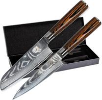 "Wolfblood Damasko peilių rinkinys iš 2 (24 cm) Profesionalūs damaskiniai virtuvės peiliai, pagaminti iš 67 sluoksnių damaskinio plieno I - su virėjo peiliu "Santoku" medine rankena Dovanų dėžutė ir geležtės apsauga