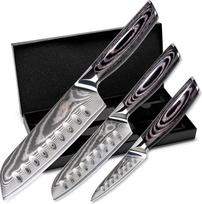 "Wolfblood PRO" 3 dalių Damasko peilių rinkinys XL (31 cm 23 cm ir 19 cm) Profesionalus Damasko virtuvės peilių rinkinys, pagamintas iš tikro 67 sluoksnių Damasko plieno I Santoku peilis ir virėjo peilis su medine rankena Dovanų dėžutė