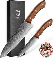 DRAGON RIOT Damasko peilių rinkinys, virtuvinių peilių rinkinys, pagamintas iš 67 sluoksnių damaskinio plieno su ergonomiška rankena, 2 dalių peilių rinkinys "Damask", japoniškų peilių rinkinys, aštrus virėjo peilis ir daržovių peilis