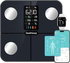 Healthkeep Kūno riebalų svarstyklės Asmeninės svarstyklės Skaitmeninės svarstyklės su kūno riebalų ir raumenų masės 15 kūno duomenų Širdies ritmo monitorius Žmonės su dideliu VA ekranu su "iOS" ir "Android" programėle