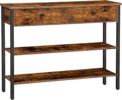 HOOBRO EBF32XG01 Konsolinis staliukas, prieškambario staliukas su stalčiumi ir 2 aukštų lentynomis, sofos staliukas su tvirtu metaliniu rėmu, 100 x 24 x 80 cm, skirtas įėjimui, prieškambariui, svetainei, senovinis rudas/juodas