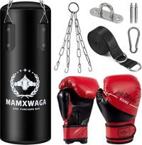 Mamxwaga Hanging Punch Bag Set for Children and Teenagers, 2 ft PU Punch Bag, Unfilled with 6 oz Boxing Gloves and Stainless Steel Hanger, Punch Bag for 3-12 Years