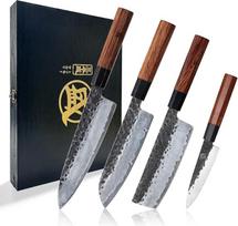 MITSUMOTO SAKARI 4-Piece Japanese Kitchen Knife Set, Professional Hand-Forged Knife Set, 3-Layer High-Carbon Steel Knife Set (Rosewood Handle and Boutique Wooden Box)