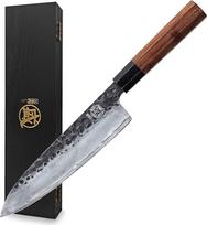 MITSUMOTO SAKARI rankomis kaldintas virtuvinis peilis, 22 cm "Gyuto" virėjo peilis, japoniškas virtuvinis peilis iš didelio anglies plieno (su palisandro rankena ir medine dėžute)