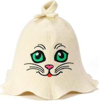 Natūralios tekstilės pirties kepurė "Sauna Kitten" White - 100 % organinės vilnos veltinio kepurės - apsaugo galvą nuo karščio - pridedamas angliškas pirties elektroninės knygos vadovas - su siuvinėjimu, kačiuko akimis