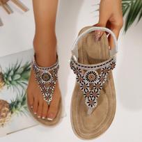 Moteriški ploni sandalai vasarai, boho stiliaus, su cirkoniais, puošnūs šlepetės, su elastiniu kulkšnies dirželiu, romėniški sandalai, patogūs vaikščioti 36 sidabras