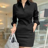 Moteriška suknelė Vasarinė Elegantiška Ilgomis Rankovėmis Vienspalvė Marškininė Sundress Laisva Kasdienė Sagos Kišenės Trumpa Mini Vestidos 5XL juoda