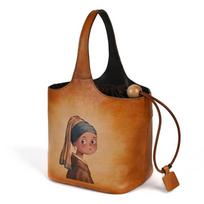 Genuine Leather Women's Bag Top Layer Cowhide Lazy Style Artistic Retro Printing Hand Brushed Flower Blue Bag Bucket Bag