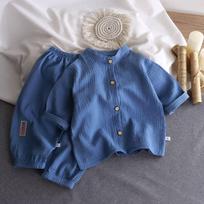 Children's Set Summer Couple Baby Air Conditioning Suit Two-piece Set Solid Color 80 mėlyna