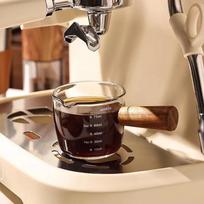Stiklinis Mažas Pieno Puodelis Smulkus Espresso Mažas Stiklinis Matavimo Puodelis Vienas Dvigubas Snapelis Kavai Pienui Padažui Dozatorius Su Medine Rankena about 100ml