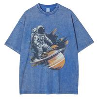 Astronaut Rides on Rocket Print Graphic T Shirts for Men Drop Shoulder Vintage Oversized Heavy Pure Cotton Men's Tops S