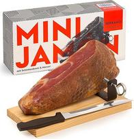 Jamon.de Mini James Serrano rinkinys dovanų dėžutėje su mediniu stovu ir kumpio peiliu