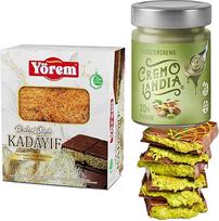 Kepti paruošti tešlos siūlai Kadayif Dubajaus stiliaus šokolado kunafeh, Dubajaus Cikolata Kadaif, Baklava, tešlos siūlai Angelų plaukų tešlos siūlai 200 g su pistacijų kremu 200 g