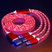 3in1 daugiafunkcis įkrovimo laidas LED spalvota šviesa USB į Type-C/Micro USB/Lightning daugiašakis įkrovimo laidas USB greitojo įkrovimo laidas iPhone Samsung telefonams raudona