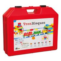 Traukinys su bėgiais, figūrėlėmis ir konstruktoriumi