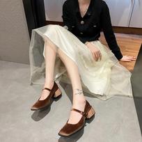 Mary Janes Shoes Female Golden Velvet New Square Toe College Style Casual Pumps Fashion Shallow Buckle Shoes High Heel Shoes 35