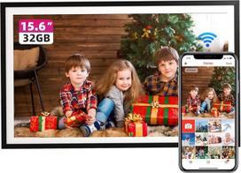FRAMEO skaitmeninis nuotraukų rėmelis, 15,6 colių FHD jutiklinio ekrano elektroninis nuotraukų rėmelis, didelis, su 32GB talpykla, nuotolinis nuotraukų ir vaizdo įrašų bendrinimas su kalendoriumi, orai muzika