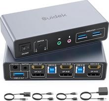 SUIDEK HDMI Displayport KVM perjungiklis, 2 kompiuteriai, 2 monitoriai, 4K @ 60Hz KVM perjungiklis dviem monitoriams, 3 USB 3.0 prievadai, palaiko išplėstinį / veidrodinį režimą su staliniu valdikliu ir 2 USB kabeliais bei maitinimu