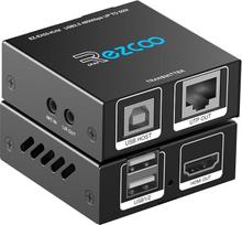 HDMI KVM ilgintuvas USB HDMI į RJ45 per Cat5e/6/7 1080P@60Hz iki 150ft/50M, HDMI per Ethernet siųstuvas imtuvas palaiko klaviatūrą pelę 2 prievadai USB 2.0 koncentratorius POE stereofoninis garsas ir mikrofonas