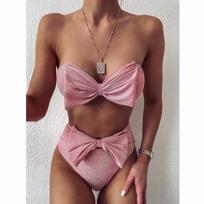 Maudymosi kostiumas Aukšto liemens Bikini Blizgantis Bikini Rinkinys Mažytė maudymosi suknelė Moteriškas maudymosi kostiumas Biquini M rožinė