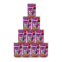 WHISKAS Adult konservų dėžutė 12x400g - drėgnas kačių ėdalas su jautiena padaže