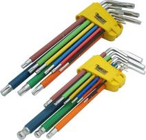 18 dalių "SabreCut SCTGK1" minkštos rankenos "Soft Grip Comfort" ypač ilgų šešiakampių deimantinių (Hex Plus) ir Torx raktų rinkiniai su spalviniais kodais - dydžiai nuo 1,5 mm iki 10 mm T10-T50