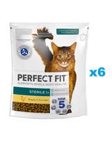 PERFECT FIT Sterile 1+ 6x750 g sausas visavertis pašaras suaugusioms katėms, kuriame gausu vištienos