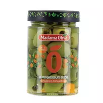 Graikiškos žaliosios alyvuogės be kauliukų su apelsino žievelėmis ir rozmarinu MADAMA OLIVA, 140 g