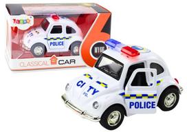 Klasikinis policijos automobilis su garsais ir šviesom, baltas