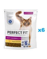 PERFECT FIT Antihairball 1+ 6x750 g sausas visavertis pašaras suaugusioms katėms, kuriame gausu vištienos