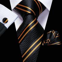 Hi-Tie kaklaraiščio rinkinys vyrams Auksinės raudonos juodos spalvos dryžuoto šilko Cravate rankogalių sąsagų rinkinys verslui 3334