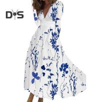 Women Elegant Floral Print Maxi Dress V neck Long Sleeve High Waist Gown Dress A Line Long Dress Streetwear M mėlyna
