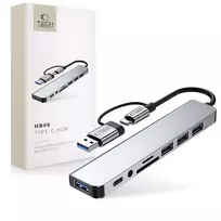 Tech-Protect HB06 HUB Adapter 8in1 TYPE-C + USB2.0 + USB3.0 + SD/TF + AV3.5 – pilkos spalvos