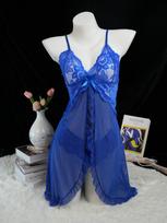 Thin Style G-string Contrast Lace Ruffle Trim Lingerie Set Deep V Slip Dress Thing Women's Sexy Lingerie Lenceria Mujeres dark blue 1XL tamsiai mėlyna spalva