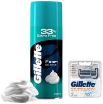 Gillette Skinguard rankiniai skutimosi peiliukai – 2 kasečių pakuotė ir klasikinės jautrios skutimosi putos – 418 g (33% papildomai)