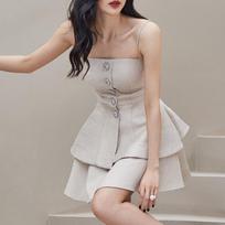Woman Banquet Sling Rhinestone Button Dress + High Waist Skirt Mini Length Elegant Fashion Formal style Summer Clothing XS smėlis