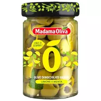 Graikiškos žaliosios alyvuogės be kauliukų su citrinų žievelėmis ir mėtų lapais MADAMA OLIVA, 140 g
