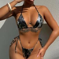 Moteriškas maudymosi kostiumėlis Sidabrinis trikampis krepšys Surišamas per kaklą Skeltas maudymosi kostiumėlis Bikini Paplūdimio drabužiai Maudymosi kostiumėliai M sidabras
