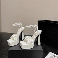 Peep Toe Square Head Pleated Leather Butterfly-Knot Sandals for Women Banquet Party High Heels Shoe Buckle Strap Platform Pump 35