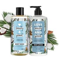 „Love Beauty And Planet“ kokoso vandens ir mimozos gėlių drėkinamasis kūno prausiklis ir losjonas – 800 ml
