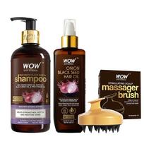 Ypatingas derinys iš WOW Skin Science svogūnų plaukų aliejaus su juodųjų sėklų aliejaus ekstraktais + svogūnų aliejaus šampūnas + šepetėlis