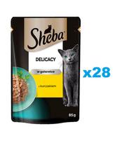 SHEBA Delicacy 28x85 g drėgnas visavertis ėdalas suaugusioms katėms su vištienos gabaliukais drebučiuose