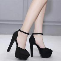 Apricot/Black Women Pumps Sexy Round Toe Flock Platform Buckle Strap 14CM Thin Heels Cover Heel Dress SHoes 35